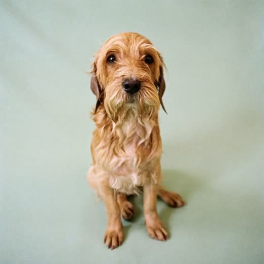 A small terrier freshly bathed and towel-dried